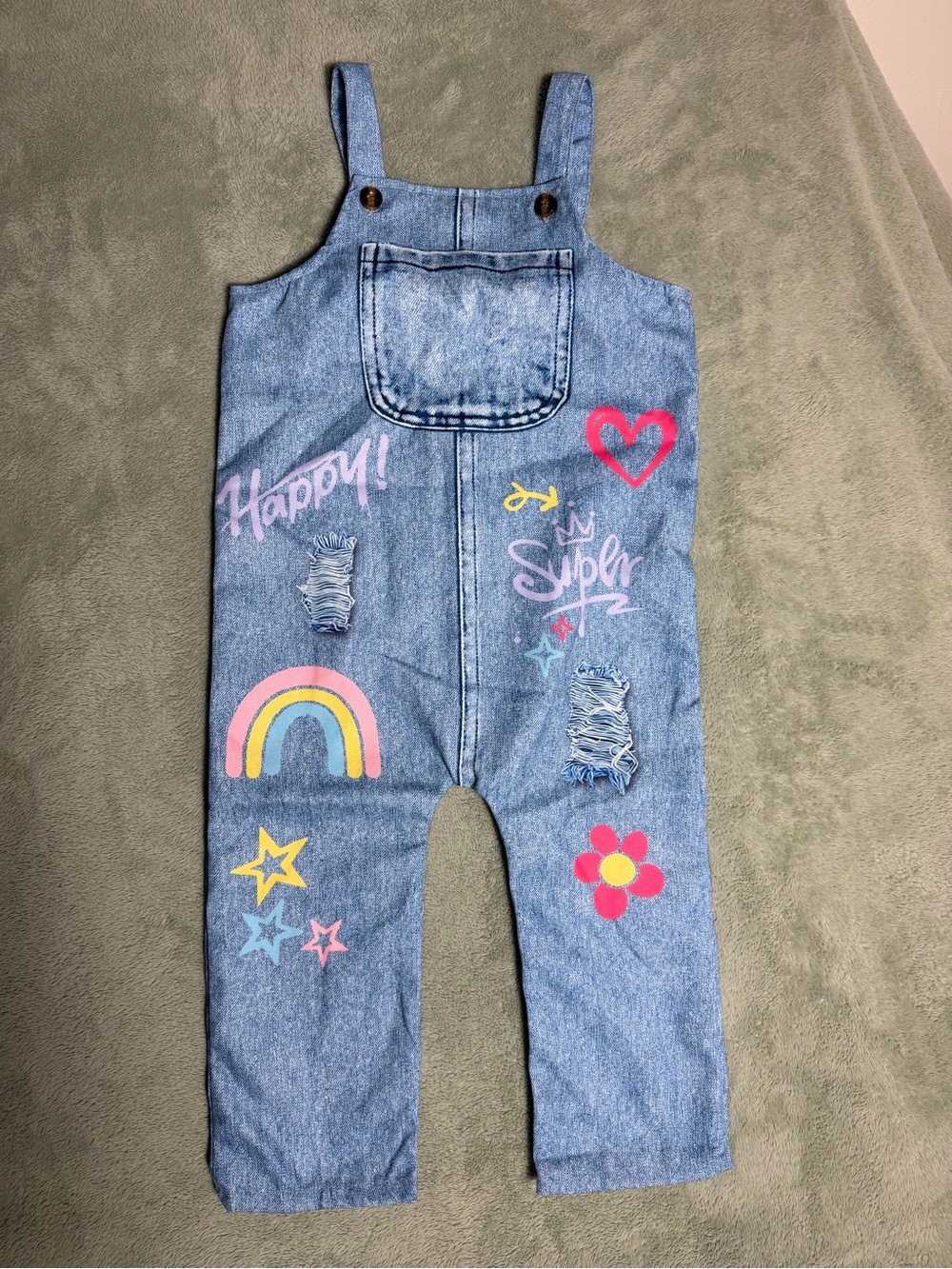 Girls' Blue Denim Overalls with Rainbow & Heart Graphics